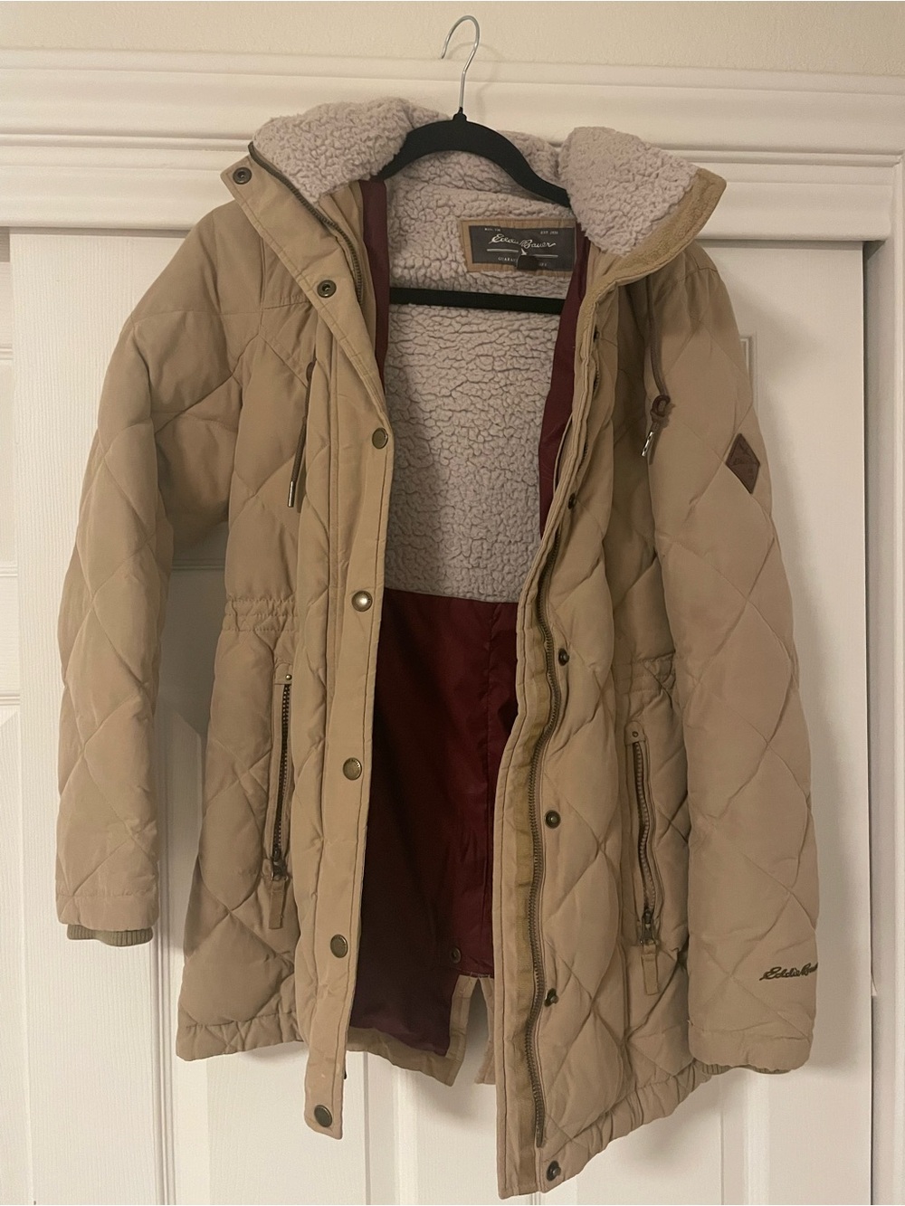 Women's Beige Quilted Parka Jacket with Sherpa Lining XS